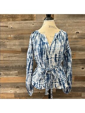 NWOT ModernSoul by Sur La Vague Tie Dye Peplum Braided Tie Long sleeve Top Small